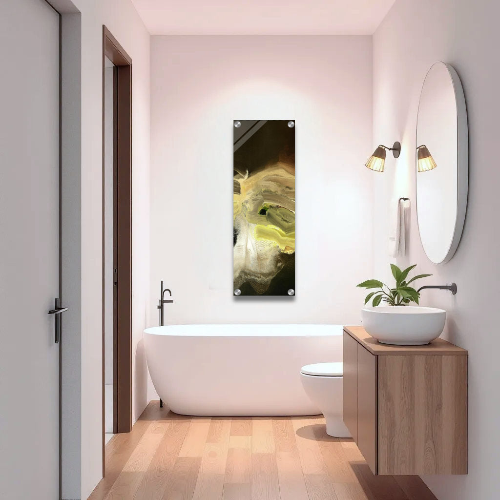 Bad mit modernem Acryl-Kunstwerk an der Wand – elegante Wandkunst für stilvolle Raumgestaltung, Baddekoration, zeitgenössische Wandkunst, Acrylbild für elegante Innendekoration