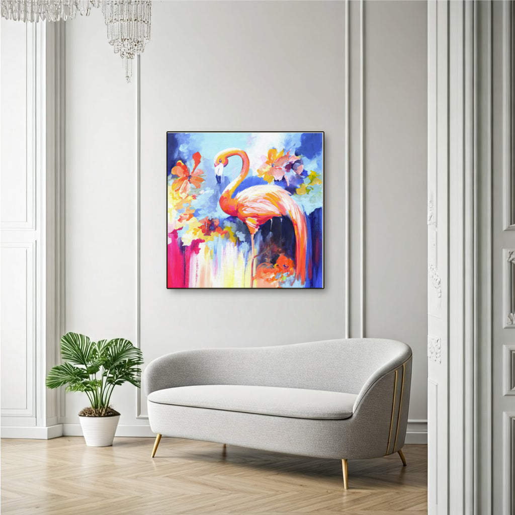 Original Moderne Wandkunst Leinwand - bunter Flamingo stilisiert mit extra Blumen-Design Canvas Print