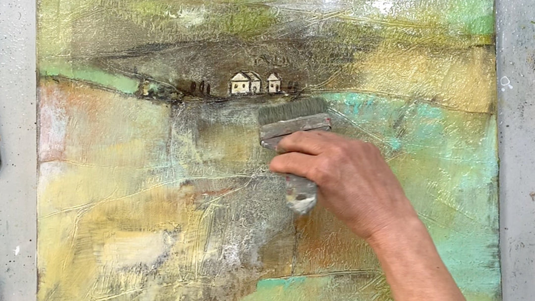 Abstrakte Landschaft malen mit Acryl und Reliefstruktur im Entstehungsprozess