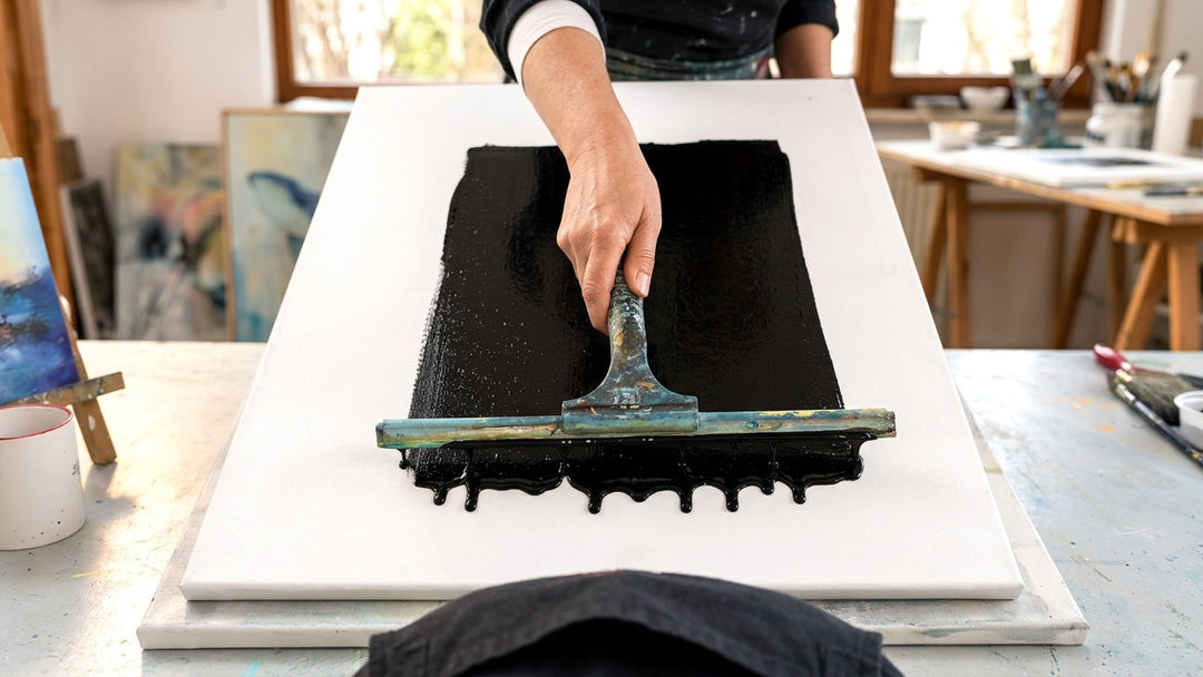 Schwarze Farbe wird mit einem breiten Rakel auf einer weißen Leinwand im Atelier verteilt.