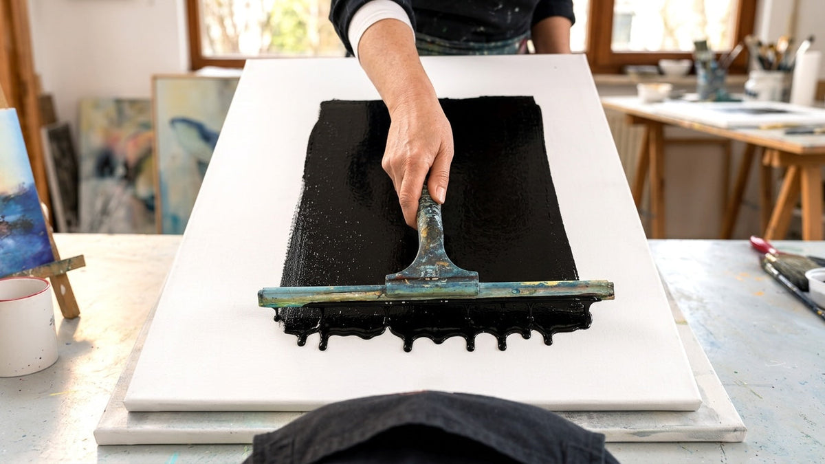 Schwarze Farbe wird mit einem breiten Rakel auf einer weißen Leinwand im Atelier verteilt.
