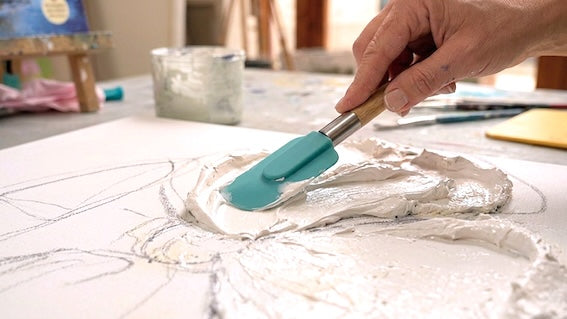 Abstrakte Blume mit Strukturpaste malen - plastische 3D-Struktur auf Leinwand