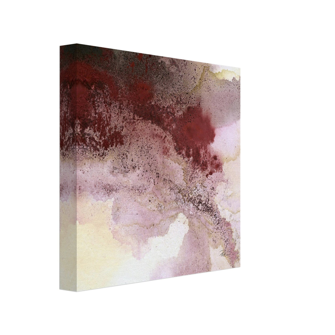 Abstrakter Leinwanddruck in Bordeaux, Rosé, Grau und Sand im Aquarell-Look mit feiner Kaffee-Struktur – ruhig, warm, modern.