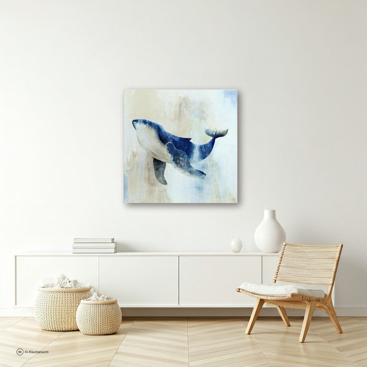 Abstrakter Leinwanddruck „Der Wal“ in Blau und Beige in einer hellen Raumansicht mit Holzstuhl und Sideboard; der Raum wurde mithilfe von KI generiert.