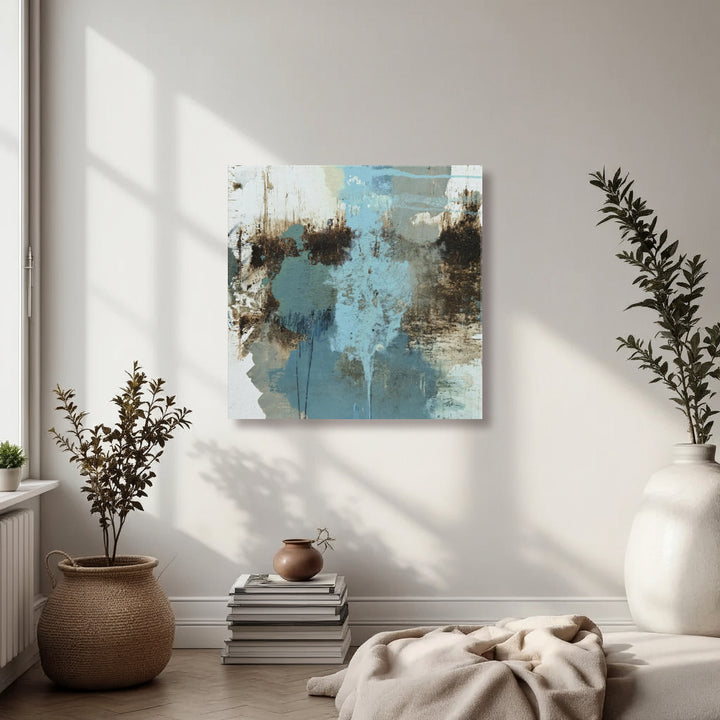 Abstrakte Figuren auf Leinwand – Skandinavisches Wandbild in Blau-Grau-Türkis | Kunst in Schlammnuancen