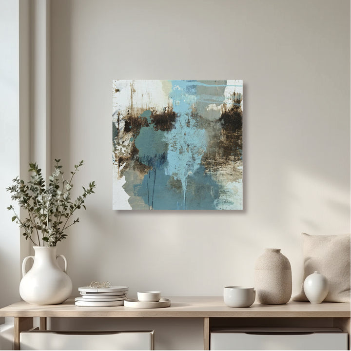 Abstrakte Figuren auf Leinwand – Skandinavisches Wandbild in Blau-Grau-Türkis | Kunst in Schlammnuancen