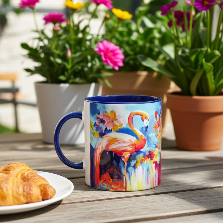 Bunte Flamingo Tasse mit blauem Henkel auf einem Holztisch neben einem Croissant und pink blühenden Pflanzen.