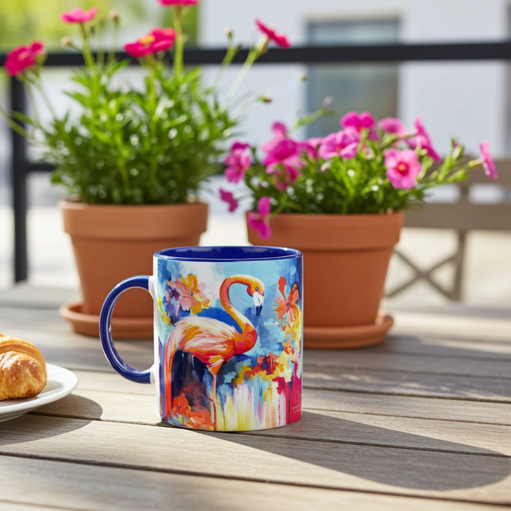 Bunte Flamingo Tasse mit blauem Henkel auf einem Holztisch zwischen pink blühenden Pflanzen auf dem Balkon.
