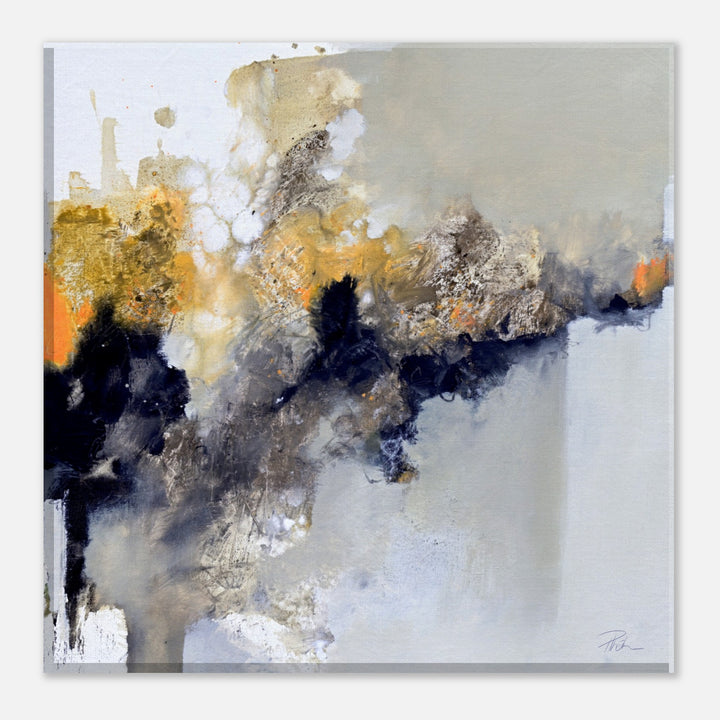 Abstrakter Leinwanddruck „Getragene Stille“ – ruhige moderne Kunst mit Grau-, Beige- und Orange-Ocker-Akzent