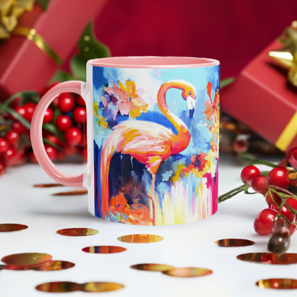 Flamingo bunt, kunstvolle, Keramiktasse mit Farbe an der Innenseite,