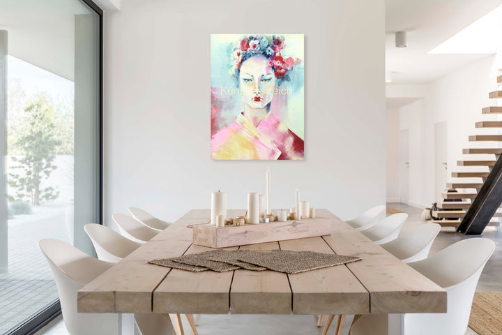 Moderne Wandkunst: Frauenporträt mit extra Blumen-Design Canvas Print